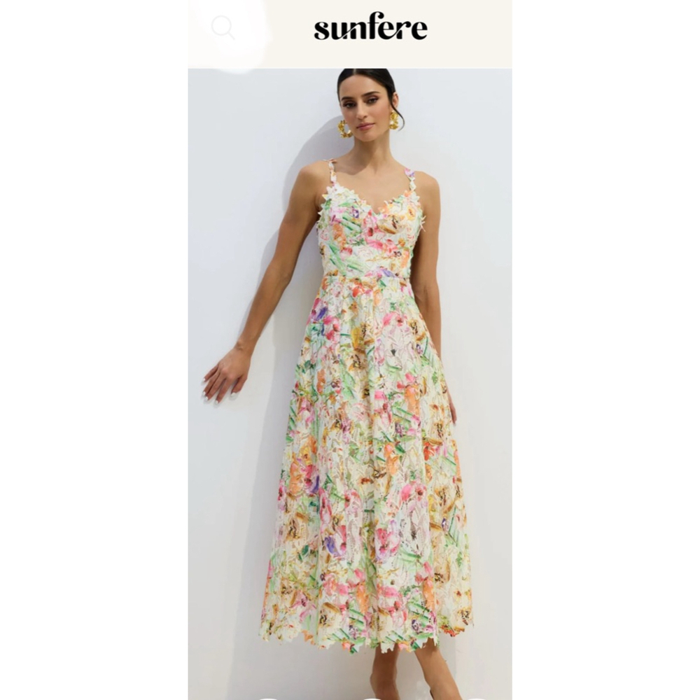 NEW Sunfere size Medium Violet Floral Embroidered Lace Garden Summer Midi Dress